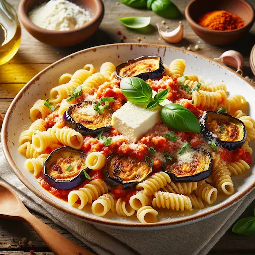 pasta a la norma con berenjena y queso